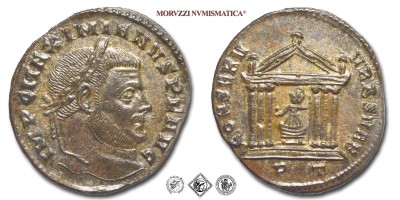 MASSIMIANO ERCULEO, FOLLIS, 307-308 d.C., CONSERV VRB SVAE / P T tempio esastilo con statua di Roma galeata e seduta al centro, Zecca di Ticinum, BRONZO, SPL, (RIC 92) / monete romane imperiali antiche (moneta romana imperiale antica della Tetrarchia - Impero Romano) | Moruzzi Numismatica