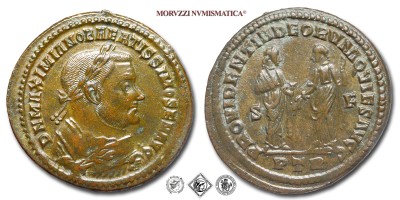 MASSIMIANO ERCULEO, FOLLIS, 305-307 d.C., PROVIDENTIA DEORVM QVIES AVGG / PTR / S F la Providentia stende in avanti la destra alla Quiete che le sta dinanzi, Zecca di Treviri, BRONZO, qSPL, (NC), (RIC 673b) / monete romane imperiali antiche (moneta romana imperiale antica della Tetrarchia - Impero Romano) | Moruzzi Numismatica