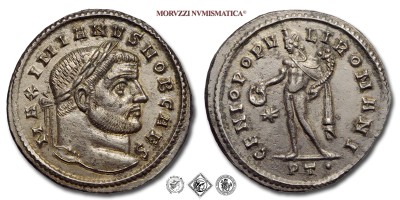 GALERIO MASSIMIANO, Cesare, FOLLIS, 298-299 d.C., GENIO POPVLI ROMANI / P T • il Genio con il modius sul capo ed il mantello sulla spalla sinistra tiene una patera ed una cornucopia; a sinistra una stella, Zecca di Ticinum, BRONZO, mSPL, (RIC 35b) / monete romane imperiali antiche (moneta romana imperiale antica della Tetrarchia - Impero Romano) | Moruzzi Numismatica