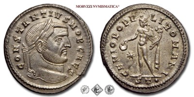 COSTANZO I CLORO, Cesare, FOLLIS, 296-297 d.C., GENIO POPVLI ROMANI / S T • il Genio con il modius sul capo ed il mantello sulla spalla sinistra tiene una patera ed una cornucopia. A sinistra una stella, Zecca di Ticinum, BRONZO, mSPL, (RIC 32a) / monete romane imperiali antiche (moneta romana imperiale antica della Tetrarchia - Impero Romano) | Moruzzi Numismatica