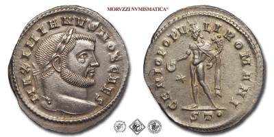 GALERIO MASSIMIANO, Cesare, FOLLIS, 298-299 d.C., GENIO POPVLI ROMANI / S T • il Genio con il modius sul capo ed il mantello sulla spalla sinistra tiene una patera ed una cornucopia; a sinistra una stella, Zecca di Ticinum, BRONZO, mSPL, (RIC 35b) / monete romane imperiali antiche (moneta romana imperiale antica della Tetrarchia - Impero Romano) | Moruzzi Numismatica