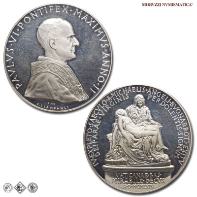 Città del Vaticano, PAOLO VI, Montini, MEDAGLIA ANNUALE IN ARGENTO, 400° anniversario della morte di Michelangelo, 1964 ANNO II, Opus Pietro Giampaoli, FDC, (Bartolotti E964) / medaglie papali pontificie annuali d'argento | Moruzzi Numismatica
