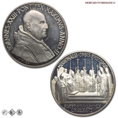 Città del Vaticano, GIOVANNI XXIII, Roncalli, MEDAGLIA ANNUALE IN ARGENTO, Consacrazione di vescovi missionari, 1960 ANNO II, Opus Aurelio Mistruzzi, FDC, (NC), (Bartolotti E960) / medaglie papali pontificie annuali d'argento | Moruzzi Numismatica