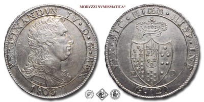 Regno di Napoli, FERDINANDO IV DI BORBONE, GRANA 120, 1805, Zecca di Napoli, ARGENTO, qSPL, (Pannuti-Riccio 9) / PIASTRA BORBONICA D'ARGENTO (monete italiane napoletane preunitarie moderne rare - moneta napoletana rara - piastre borboniche da collezione) | Moruzzi Numismatica