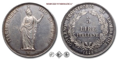 Milano, GOVERNO PROVVISORIO DI LOMBARDIA, 5 LIRE ITALIANE, 1848, ITALIA LIBERA DIO LO VUOLE, Zecca di Milano, ARGENTO, qSPL, (Pagani 213) / monete italiane preunitarie milanesi moderne d'argento (moneta italiana milanese da collezione) | Moruzzi Numismatica