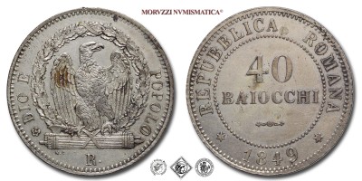 Roma, REPUBBLICA ROMANA, BAIOCCHI 40, 1849, DIO E POPOLO aquila ad ali semi-spiegate che ghermisce un fascio, Zecca di Roma, MISTURA, SPL, (R), (Pagani 339) / monete papali pontificie risorgimentali rare (moneta papale pontificia risorgimentale rara da collezione) | Moruzzi Numismatica