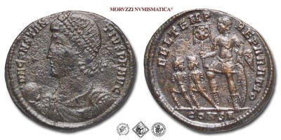 COSTANZO II, PICCOLO BRONZO, 348-351 d.C., FEL TEMP REPARATIO / CONSA l'imperatore con scudo e labaro in piedi davanti a due prigionieri, Zecca di Costantinopoli, mBB, (RIC 84) / monete romane imperiali antiche (moneta romana imperiale antica - Impero Romano) | Moruzzi Numismatica