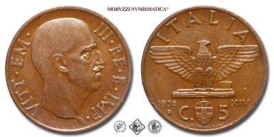 Regno d'Italia, VITTORIO EMANUELE III, CENTESIMI 5, Impero, 1936 XIV, Zecca di Roma, RAME, SPL, (R), (Pagani 917) / monete italiane moderne rare (moneta italiana moderna rara da collezione - Casa Savoia) | Moruzzi Numismatica