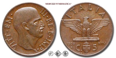 Regno d'Italia, VITTORIO EMANUELE III, CENTESIMI 5, Impero, 1936 XIV, Zecca di Roma, RAME, q​​​​​​​SPL, (R), (Pagani 917) / monete italiane moderne rare (moneta italiana moderna rara da collezione - Casa Savoia) | Moruzzi Numismatica