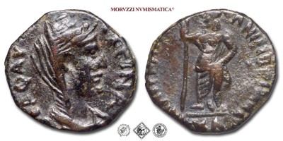 FAUSTINA I, BRONZO, 138-140/1 d.C., TVXH NEAC TPAIANEC BOCTPAC la Tyche con scettro nella destra e mano sinistra poggiata sull'anca, Zecca di Bosra, BRONZO, mBB, (R), (SNG ANS 1181) / monete romane imperiali provinciali antiche rare (moneta romana imperiale provinciale antica rara - Impero Romano) | Moruzzi Numismatica