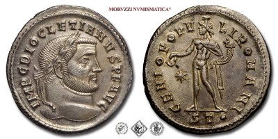 DIOCLEZIANO, FOLLIS, 296-297 d.C., GENIO POPVLI ROMANI / S T • il Genio con il modius sul capo ed il mantello sulla spalla, tiene una patera ed una cornucopia. A sinistra una stella, Zecca di Ticinum, BRONZO, mSPL, (RIC 31a) / monete romane imperiali antiche (moneta romana imperiale antica della Tetrarchia - Impero Romano) | Moruzzi Numismatica