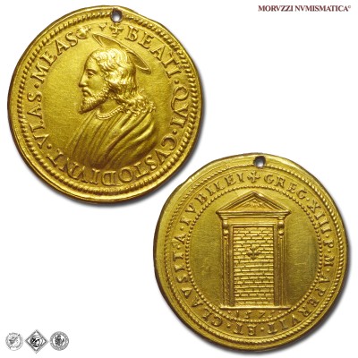 Stato Pontificio, GREGORIO XIII, Boncompagni, MEDAGLIA STRAORDINARIA IN BRONZO DORATO, Chiusura della Porta Santa in San Pietro, 1575, mSPL, (RRR), (Modesti CNORP III 731) / medaglie papali pontificie straordinarie rare da collezione | Moruzzi Numismatica