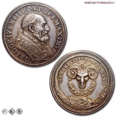 Stato Pontificio, GREGORIO XIII, Boncompagni, MEDAGLIA RICONIO IN ARGENTO, Nuovo Calendario Gregoriano, 1582, Opus Lorenzo Fragni, FDC, (RR), (Modesti CNORP III 787) / medaglie papali pontificie rare d'argento | Moruzzi Numismatica