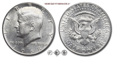 Stati Uniti d'America, DOLLARO 1/2, Kennedy, 1968, Zecca di Denver, ARGENTO, qFDC, (KM 202a) USA - United States of America Silver Half Dollar COINS (monete mondiali moderne da collezione - mezzi dollari americani - moneta mondiale moderna d'argento) | Moruzzi Numismatica