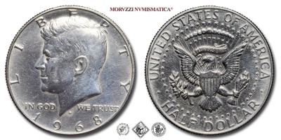 Stati Uniti d'America, DOLLARO 1/2, Kennedy, 1968, Zecca di Denver, ARGENTO, SPL, (KM 202a) USA - United States of America Silver Half Dollar COINS (monete mondiali moderne da collezione - mezzi dollari americani - moneta mondiale moderna d'argento) | Moruzzi Numismatica