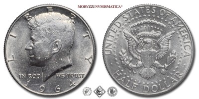 Stati Uniti d'America, DOLLARO 1/2, Kennedy, 1964, Zecca di Philadelphia, ARGENTO, q​​​​​​​FDC, (KM 202) / USA - United States of America Silver Half Dollar COINS (monete mondiali moderne da collezione - mezzi dollari americani - moneta mondiale moderna d'argento) | Moruzzi Numismatica