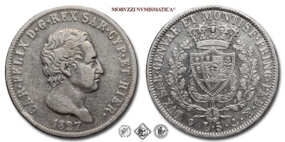 Regno di Sardegna, CARLO FELICE, LIRE 5 (SCUDO), 1827, Zecca di Genova, ARGENTO, BB, (Pagani 72) / monete italiane preunitarie moderne (moneta italiana preunitaria moderna - scudi d'argento da collezione - Casa Savoia) | Moruzzi Numismatica