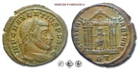 MASSENZIO, FOLLIS, 310-311 d.C., CONSERV VRB SVAE / RET Roma seduta di fronte in un tempio esastilo con pomelli come acroteri, tiene un globo e una lancia, con uno scudo al suo fianco, Zecca di Roma, BRONZO, SPL, (RIC 258) / monete romane imperiali antiche rare (moneta romana imperiale antica rara - Impero Romano) | Moruzzi Numismatica