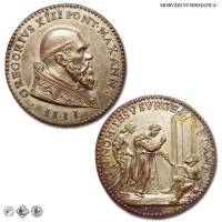 Stato Pontificio, GREGORIO XIII, Boncompagni, MEDAGLIA IN BRONZO ARGENTATO, S. Pietro guarisce uno storpio, 1575 ANN IIII, Opus Domenico Poggini, qFDC, (RRR), (Modesti CNORP 724) / medaglie papali pontificie rare da collezione | Moruzzi Numismatica