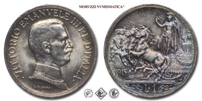 Regno d'Italia, VITTORIO EMANUELE III, LIRA, Quadriga briosa, 1915, Zecca di Roma, ARGENTO, qFDC, (Pagani 773) / monete italiane moderne d'argento (moneta italiana moderna da collezione - Casa Savoia) | Moruzzi Numismatica