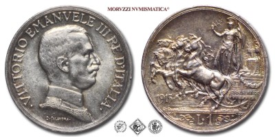 Regno d'Italia, VITTORIO EMANUELE III, LIRA, Quadriga briosa, 1915, Zecca di Roma, ARGENTO, qFDC, (Pagani 773) / monete italiane moderne d'argento (moneta italiana moderna da collezione - Casa Savoia) | Moruzzi Numismatica