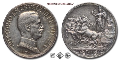 Regno d'Italia, VITTORIO EMANUELE III, LIRA, Quadriga briosa, 1916, Zecca di Roma, ARGENTO, qFDC, (R), (Pagani 774) / monete italiane moderne rare d'argento (moneta italiana moderna rara da collezione - Casa Savoia) | Moruzzi Numismatica