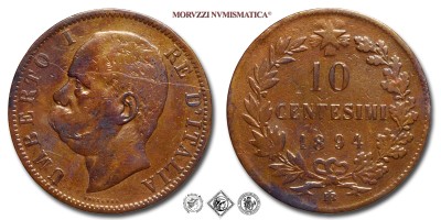 Regno d'Italia, UMBERTO I, CENTESIMI 10, 1894 BI, Zecca di Birmingham, RAME, qBB, (Pagani 616) / monete italiane moderne (moneta italiana moderna da collezione - Casa Savoia) | Moruzzi Numismatica