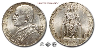 Città del Vaticano, PIO XI, Ratti, LIRE 10, 1937 A XVI, Zecca di Roma, ARGENTO, qFDC, (Pagani 630) / monete papali pontificie vaticane d'argento (moneta papale pontificia vaticana da collezione) | Moruzzi Numismatica