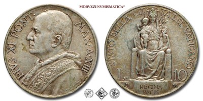 Città del Vaticano, PIO XI, Ratti, LIRE 10, 1934 A XIII, Zecca di Roma, ARGENTO, mBB, (Pagani 627) / monete papali pontificie vaticane d'argento (moneta papale pontificia vaticana da collezione) | Moruzzi Numismatica