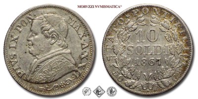 Stato Pontificio, PIO IX, Mastai Ferretti, SOLDI 10, 1867 A XXII, Zecca di Roma, ARGENTO, qFDC, (Pagani 579) / monete papali pontificie d'argento (moneta papale pontificia da collezione) | Moruzzi Numismatica