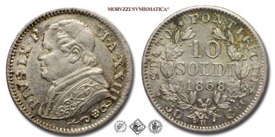 Stato Pontificio, PIO IX, Mastai Ferretti, SOLDI 10, 1868 A XXIII, Zecca di Roma, ARGENTO, qFDC, (Pagani 580) / monete papali pontificie d'argento (moneta papale pontificia da collezione) | Moruzzi Numismatica