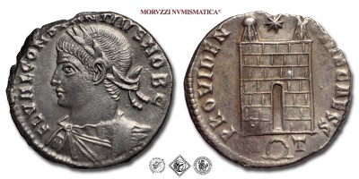 COSTANZO II, Cesare, PICCOLO BRONZO, 336 d.C., GLORIA EXERCITVS / R corona T porta dell'accampamento; una stella in alto, Zecca di Roma, SPL, (RIC 383) / monete romane imperiali antiche (moneta romana imperiale antica - Impero Romano) | Moruzzi Numismatica
