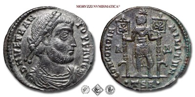 VETRANIO, MAIORINA, 350 d.C., CONCORDIA MILITVM / A#D# / TSA tra due globetti / l'imperatore in abiti militari con una stella sulla testa stante con due stendardi con il chi-rho sulla bandiera, Zecca di Tessalonica, BRONZO, SPL, (RR), (RIC 135/R2) / monete romane imperiali antiche rare (moneta romana imperiale antica rara - Impero Romano) | Moruzzi Numismatica