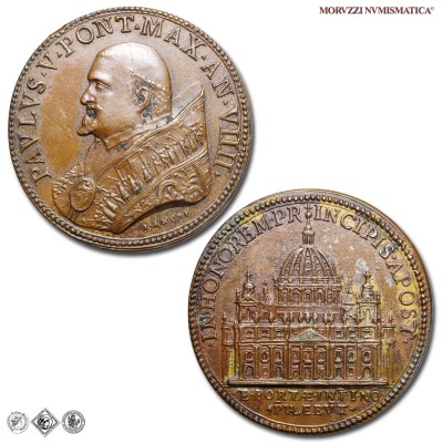 Stato Pontificio, PAOLO V, Borghese, MEDAGLIA STRAORDINARIA IN BRONZO, Nuova facciata della Basilica di San Pietro, 1613 AN VIIII, Opus Giacomo Antonio Mori, SPL, (R), (Modesti CNORP IV 1065) / medaglie papali pontificie straordinarie rare da collezione | Moruzzi Numismatica