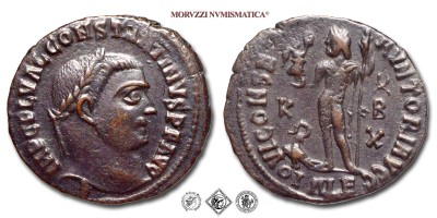 COSTANTINO I, PICCOLO BRONZO, 316-317 d.C., IOVI CONSERVATORI AVGG / ALE K X B il Genio tiene la Vittoria e un lungo scettro. In basso aquila con corona nel becco, Zecca di Alessandria, mBB, (R), (RIC 13/R2) / monete romane imperiali antiche rare (moneta romana imperiale antica rara - Impero Romano) | Moruzzi Numismatica