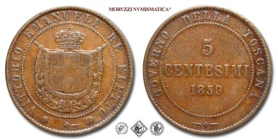 Regno d'Italia, Governo della Toscana, VITTORIO EMANUELE II, Re eletto, CENTESIMI 5, 1859, Zecca di Birmingham, RAME, MB, (Pagani 445) / monete italiane moderne (moneta italiana moderna da collezione - Casa Savoia) | Moruzzi Numismatica