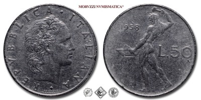 Repubblica Italiana, LIRE 50, Vulcano - I tipo, 1958, Zecca di Roma, ACMONITAL, qBB, (R), (Pagani 2205) / monete italiane moderne rare (moneta italiana moderna rara da collezione) | Moruzzi Numismatica