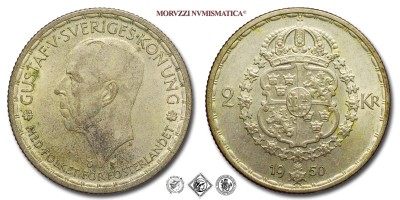 Svezia, GUSTAVO V, CORONE 2, 1950, Zecca di Stoccolma, ARGENTO, FDC, (KM 787) / GUSTAF V SVERIGES KONUNG 2 Kronor (World SILVER coins - monete mondiali europee svedesi d'argento - moneta mondiale europea svedese da collezione) | Moruzzi Numismatica
