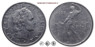 Repubblica Italiana, LIRE 50, Vulcano - I tipo, 1958, Zecca di Roma, ACMONITAL, BB, (R), (Pagani 2205) / monete italiane moderne rare (moneta italiana moderna rara da collezione) | Moruzzi Numismatica