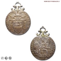 Stato Pontificio, SEDE VACANTE 1829, SCUDO, Esemplare con appiccagnolo, AVXILIVM DE SANCTO la Chiesa, con testa radiata, seduta sulle nubi e reggente la croce; a sinistra tempietto, Zecca di Bologna, ARGENTO, BB, (NC), (Pagani 122) / monete papali pontificie d'argento (moneta papale pontificia delle Sedi Vacanti) | Moruzzi Numismatica