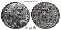 VETRANIO, MAIORINA, 350 d.C., CONCORDIA MILITVM / A#D# / TSA tra due globetti / l'imperatore in abiti militari con una stella sulla testa stante con due stendardi con il chi-rho sulla bandiera, Zecca di Tessalonica, BRONZO, SPL, (RR), (RIC 135/R2) / monete romane imperiali antiche rare (moneta romana imperiale antica rara - Impero Romano) | Moruzzi Numismatica