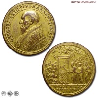 Stato Pontificio, GREGORIO XIII, Boncompagni, MEDAGLIA IN BRONZO DORATO, Apertura della Porta Santa, 1575, Opus Giovan Federico Bonzagni, SPL, (R), (Modesti CNORP III 710) / medaglie papali pontificie rare da collezione | Moruzzi Numismatica