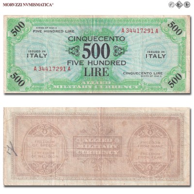 Italia, Occupazione Americana, ALLIED MILITARY CURRENCY, AM LIRE 500, Bilingue, 1943 A, Tipografia: FLC (Forbes Lithograph Corporation), BB, (R), (Crapanzano OS63) / banconote italiane rare (cartamoneta italiana rara - banconota da collezione) | Moruzzi Numismatica