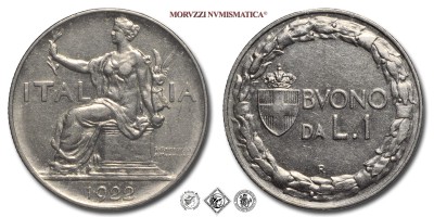 Regno d'Italia, VITTORIO EMANUELE III, BUONO DA 1 LIRA, Italia seduta, 1922, Zecca di Roma, NICHEL, mSPL, (Pagani 776) / monete italiane moderne (moneta italiana moderna da collezione - Casa Savoia) | Moruzzi Numismatica