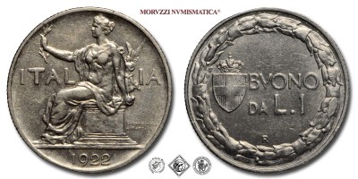 Regno d'Italia, VITTORIO EMANUELE III, BUONO DA 1 LIRA, Italia seduta, 1922, Zecca di Roma, NICHEL, mSPL, (Pagani 776) / monete italiane moderne (moneta italiana moderna da collezione - Casa Savoia) | Moruzzi Numismatica