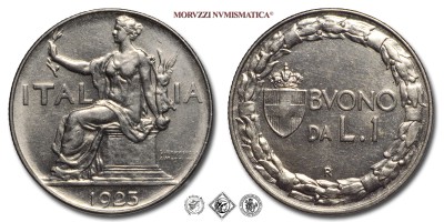 Regno d'Italia, VITTORIO EMANUELE III, BUONO da 1 LIRA, Italia seduta, 1923, Zecca di Roma, NICHEL, ​​​​​​​FDC, (Pagani 777) / monete italiane moderne (moneta italiana moderna da collezione - Casa Savoia) | Moruzzi Numismatica