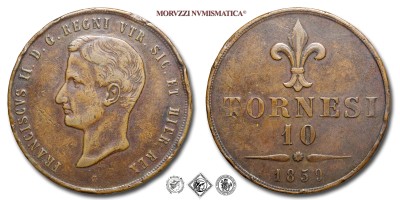 Regno delle due Sicilie, FRANCESCO II DI BORBONE, TORNESI 10, 1859, Zecca di Napoli, RAME, qBB, (Pannuti-Riccio 4) / monete italiane preunitarie napoletane borboniche moderne (moneta italiana preunitaria napoletana borbonica da collezione) | Moruzzi Numismatica