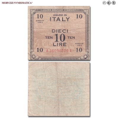 Italia, Occupazione Americana, ALLIED MILITARY CURRENCY, AM LIRE 10, Bilingue, 1943 A, Tipografia: FLC (Forbes Lithograph Corporation), MB​​​​​​​, (Crapanzano OS57A) / banconote italiane (cartamoneta italiana - banconota da collezione) | Moruzzi Numismatica