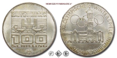 Austria, REPUBBLICA, SCELLINI 100, Olimpiadi del 1976. Innsbruck, 1976, Zecca di Vienna (Münze Österreich), ARGENTO, FDC, (KM 2927) / Silbermünzen aus dem Republik Österreich HUNDERT SCHILLING Olympische Spiele 1976. Innsbruck Wien (World SILVER coins - monete mondiali europee commemorative austriache d'argento - moneta mondiale europea commemorativa austriaca) | Moruzzi Numismatica