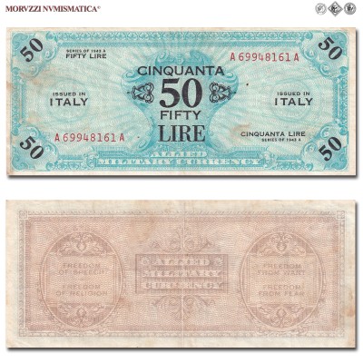 Italia, Occupazione Americana, ALLIED MILITARY CURRENCY, AM LIRE 50, 1943 A, Bilingue, Tipografia: FLC (Forbes Lithograph Corporation), mBB​​​​​​​, (Crapanzano OS59A) / banconote italiane (cartamoneta italiana - banconota da collezione) | Moruzzi Numismatica